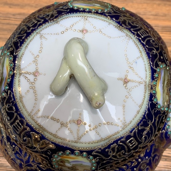Nippon Vintage Ornate Blue and Gold Covered Jar With Landscape Scenes - Picture 11 of 16